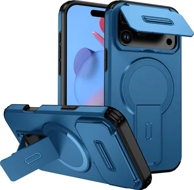 Immagine prodotto di Custodia magnetica per iPhone 17 Pro Max, custodia resistente a due strati con protezione scorrevole della fotocamera e supporto regolabile Blu