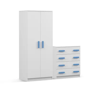 Produktbild von Drehtürenschrank und Kommode 2er-Set JONAS I 06/JONAS I 02 Weiß/Weiß blaue Griffe