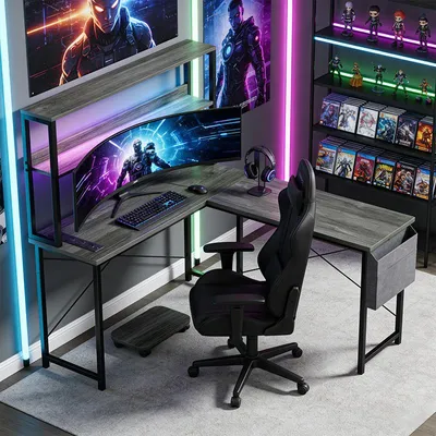 Obrázek produktu pro ZELURXX herní stůl ve tvaru L s LED osvětlením, zásuvkami a USB porty, šedý