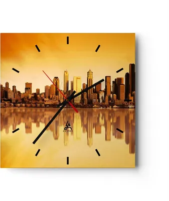 Produktbild von Wanduhr - Quadrat - Glasuhr - Stadt Wolkenkratzer Wasser - 30x30cm - Schleichendes Uhrwerk - Lautlos - zum Aufhängen bereit - Dekoration Modern - Wanddekoration aus Glas - C3AC30x30-0118