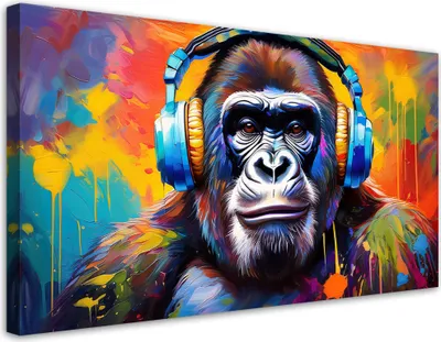 Image de Toile colorée Singe avec casque audio 100x50 Feeby Image colorée pour le mur, prête à être accrochée