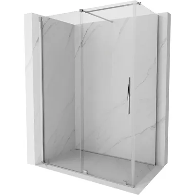 A modern shower enclosure with a marble-patterned back wall.