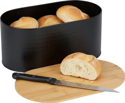 Produktbild von Relaxdays Brotkasten, Bambus & Stahl, Deckel als Schneidebrett, HBT: 15,5 x 34 x 18,5 cm, Brotaufbewahrungsbox, schwarz
