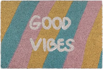 Immagine prodotto di Zerbino Relaxdays in fibra di cocco, zerbino da ingresso "Good Vibes", a righe, antiscivolo, zerbino in fibra di cocco per interni ed esterni, 40x60 cm, colorato