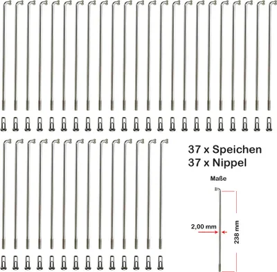 Produktbild von 37 Stück Speichen 238mm Spokes silber NIROSTA 2mm inkl. Messing Speichennippel