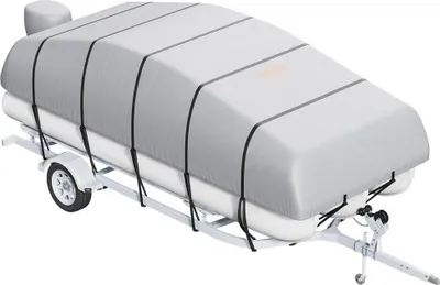 Immagine prodotto di Copertura per pontone, copertura impermeabile per pontone rimorchiabile da 19'-20', tessuto OxfordPoliuretano800D di qualità marina, con copertura per motore, 16 cinghie con fibbie antivento, adatta per lunghezze da 19'-20', larghezza fino a 96", grigio