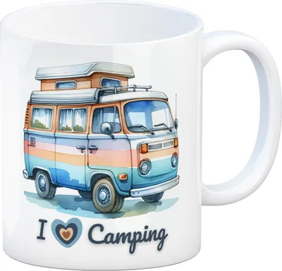 Produktbild von Campervan Kaffeebecher mit Spruch I love Camping