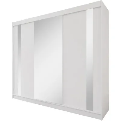 Produktbild von Beautysofa GAJA II Schwebetürenschrank 240 cm mit Spiegel – Kleiderschrank 3-türig, Schlafzimmer Schrank, Weiß/Weiß mit vier Schubladen