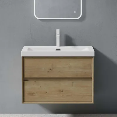 Image de doporro Meuble de Salle de Bains Marron Clair Ensemble de 2 Pièces Meuble avec Lavabo Meuble sous-lavabo Suspendu 76,5cm avec Soft-close Design Rimo