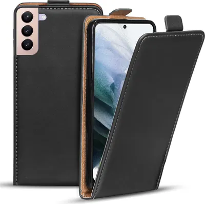 A black flip case for a Samsung Galaxy S21 FE phone is shown from the front and side.