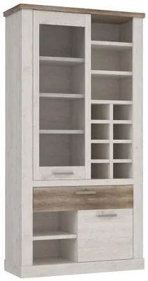 Vitrine DURO mit Glastür und Regalnischen in Gesamtansicht, Pinie weiß antik.