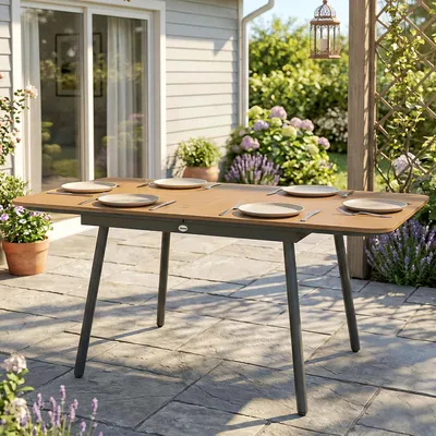 Produktbild von Gartentisch WPC-Tischplatte 6 Personen, Outdoor Esstisch rostbeständig, wetterfest Metall Teak | 140 x 80 x 75 cm | 19,5 kg | Verstellbare Füße