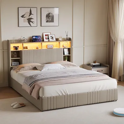 Produktbild von Bett 140x200cm Leinen Beige, 4 Schubladen, RGB LED, Kopfteil mit Stauraum & Ladestation