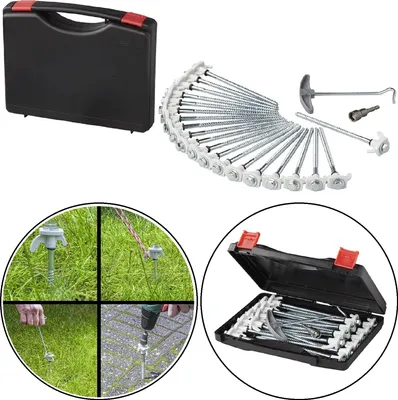 Produktbild von 20 x Schraub Heringe 20cm + Koffer Adapter Heringzieher Erdnägel Zelt Heringset
