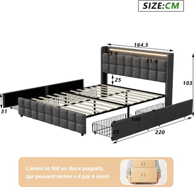 Produktbild von Bettgestell - Doppelbett 160×200 cm - LED-beleuchtetes Kopfteil - Stauraum mit 4 Schubladen - Holzlattenrost - Metallrahmen - Leinenbezug - Beige