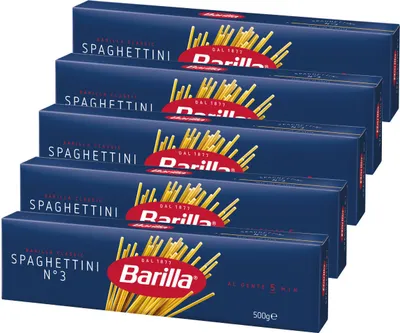 A stack of Barilla Spaghettini pasta boxes.