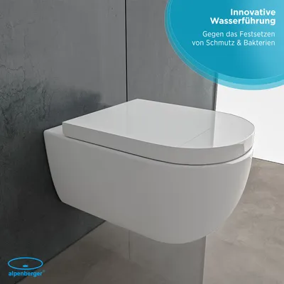 Produktbild von Alpenberger Hänge WC Spülrandlos Toilette | Keramik Wand WC Toilettendeckel mit Absenkautomatik | Duroplast Toilettendeckel mit Absenkautomatik - UNI Sitz | Bad & Gäste WC | Passend Geberit