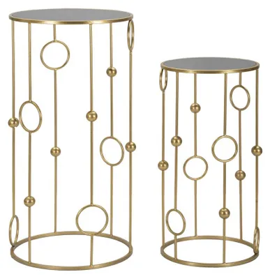 Image de Paire De Tables Basses Rondes Cage Ø 50X100 Et 40X80 Cm - Tables Basses De Salon En Métal Doré Et Verre MiroirReproductioné - Style Glamour
