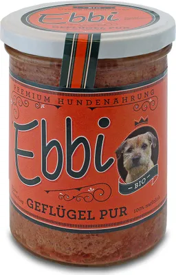 Produktbild von Ebbi BIO Hundefutter Geflügel Pur 400g Glas mit Pute, Hähnchen, Hähnchenherzen, Hähnchenleber
