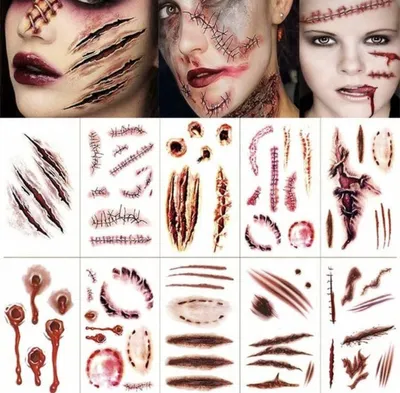 Zdjęcie produktu dla Halloween Gesichtstattoo – Temporäre Fake Blood und Narben Tattoo – Plak Tattoo für Kinder und Erwachsene