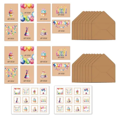 Produktbild von Geburtstagskarten Set mit Umschlag, 16 Stück Geburtstagskarten, 16 Stück Umschlägen und 24 Stück Aufklebern, Premium Klappkarten inklusive Briefumschlag aus Kraftpapier, Hochwertige Geburtstagskarten