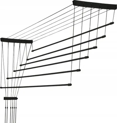 A black ceiling clothes dryer with multiple lines suspended from two black bars.