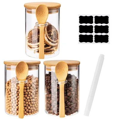 Image de Ensemble de 3 bocaux en verre avec couvercle en bambou - 530 ml