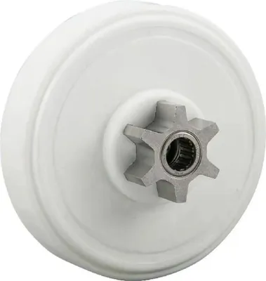 A close-up, studio shot of a white pulley wheel with a metal sprocket in the center.