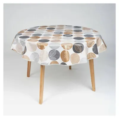 Produktbild von Runde Wachstuch Tischdecke 140 cm abwaschbar mit Saum und Paspelband, Muster: Blattkreismagie Beige