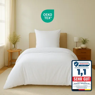 Produktbild von Komfortec Premium Bettwäsche 155x220 cm Bettbezug + 80x80 cm Kissenbezug, gebürstet 100% Polyester-Mikrofaser 120 g/m², 2 teiliges Superweiches Bettwäsche-Set, Weiß
