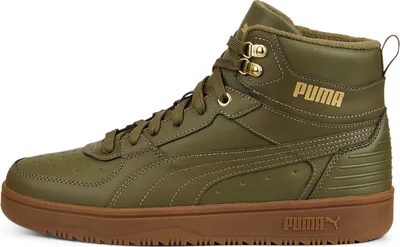 A single green Puma high-top sneaker with a brown sole is shown against a white background.