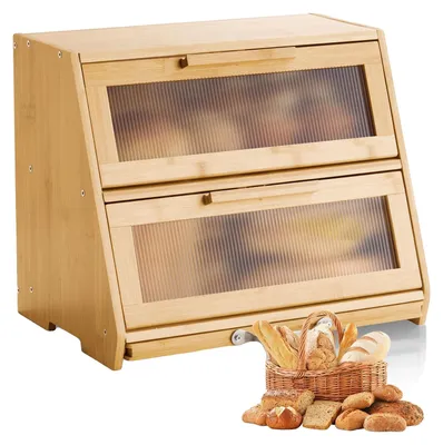 Produktbild von VEVOR Eck-Brotbox für die Küchenarbeitsplatte, doppelschichtige große Kapazität Bambus-Brotlagerbehälter, Bauernhaus-Holzbrotbox für hausgemachtes Brot, Aufbewahrungsbehälter mit akryl-welligem Tür, natürlich, Burlywood-a, Doppeldeck-a