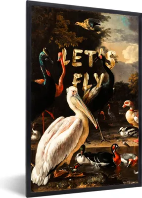 Produktbild von MuchoWow® MuchoWow® Gerahmtes Poster Ein Pelikan und andere Vögel in der Nähe eines Wasserbeckens - Melchior d'Hondecoeter 60x90 cm - Poster mit zchwarzem Bilderrahmen - Kunst