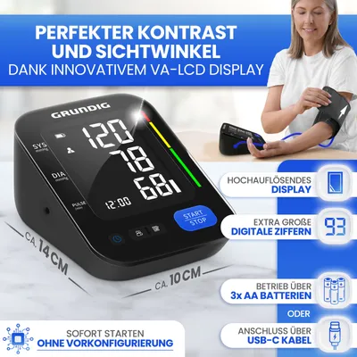 Produktbild von GRUNDIG Blutdruckmessgerät Oberarm - hochpräzise - einfachste Bedienung - perfekt ablesbar - Herzrhythmusstörungen Erkennung - Risikobewertung - Manschettensitzkontrolle - 240 Speicherplätze