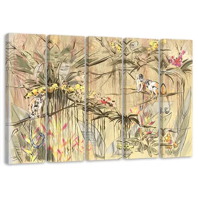 Produktbild von 5-teiliges leinwandbild dschungel affen 200x100 cm Feeby beige wandbild bereit zum aufhängen
