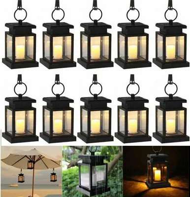 Obrázek produktu pro 10 kusů LED závěsné solární lucerny se svíčkou blikající solární lampy zahradní dekorace světla pro venkovní zahradní dekorace