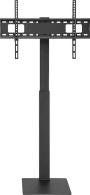 A black TV stand with a mount for a television.