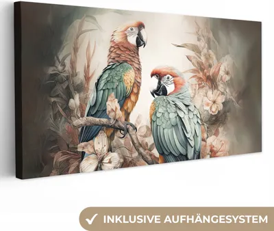 Produktbild von MuchoWow® - Leinwandbilder - Papageien - Vögel - Natur - Blumen, Wandbild, Wanddeko Bilder Wohnzimmer, 80x40 cm