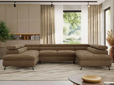 Produktbild von Ecksofa mit Schlaffunktion, Bettkasten, U-form, einstellbare Kopfstützen, Wohnzimmersofa mit Topper T25 - PABLO U - Schenille glatt - Braun