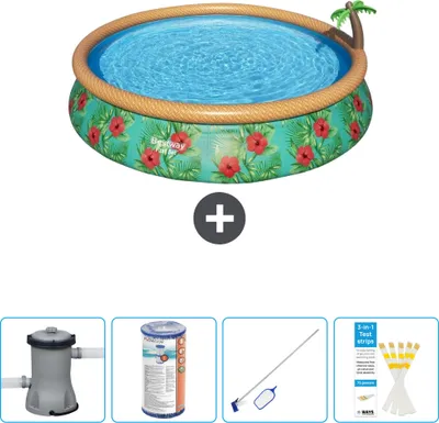 Produktbild von Bestway runder aufblasbarer Fast-Set-Schwimmpool – Paradise Print – 457 x 84 cm – inklusive Pumpe Filter - Reinigungskit - Teststreifen