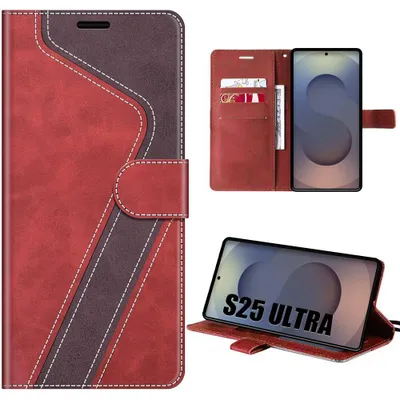 Image de Coque pour Samsung Galaxy S25 Ultra, Anti-Rayures Antichoc Cuir Synthétique Rouge Marron