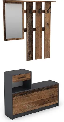 Productafbeelding van Garderobeset Tamina, antraciet, deuren in bruin "Old Wood", kasten | Kommode met schoenenkast + hangende garderobe met spiegel, gangkast, plank, 100 x 190 x 25 cm (B x H x D)