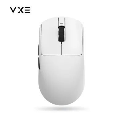 A white wireless gaming mouse is shown from a top-down perspective against a white background.