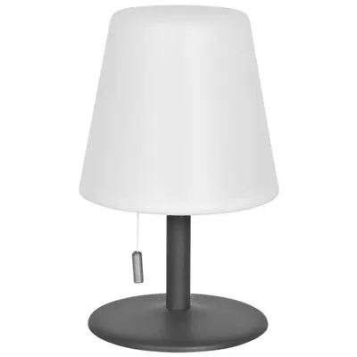 A table lamp with a white shade and a gray base and stem.