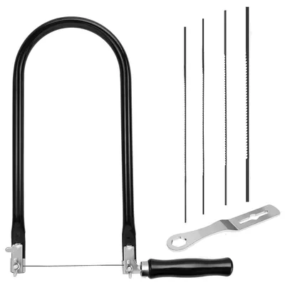 Imagen del producto de Juego de sierra de calar con 4 hojas de sierra: 4, 6, 8 y 10. Sierra manual con mango de madera, giratoria 360°, para madera, plástico y metal