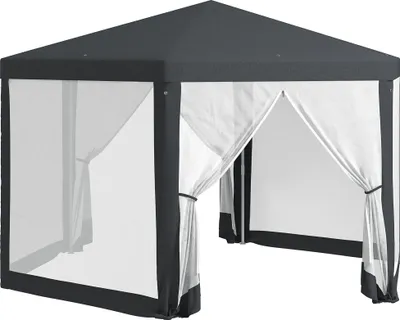 Produktbild von Gartenpavillon, 6-eckig, Netzvorhänge, Metallgestell, 3,94x3,412x2,5m, Dunkelgrau