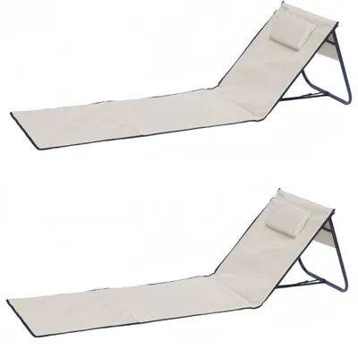 Two beige beach loungers are shown against a white background.