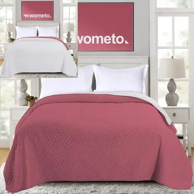 A bedroom scene with a bed and bedding, and a separate image of a logo.