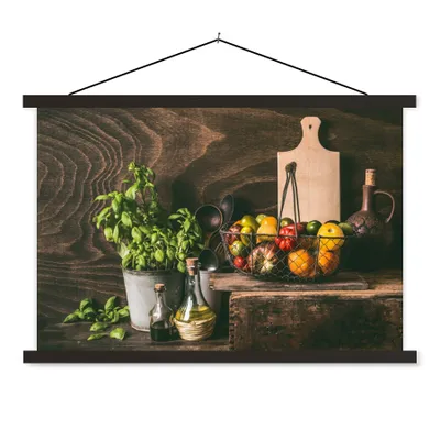 Produktbild von MuchoWow® Textilposter Gemüse - Kräuter - Rustikal - Stilleben - Basilikum 150x100 cm mit schwarzem Rahmen - Schlafzimmer