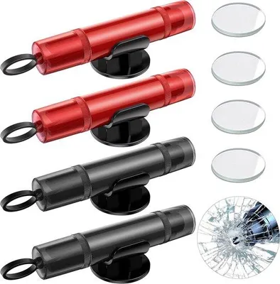 Produktbild von 4 Stück Sicherheitshammer - Auto Sicherheitshammer - Notfall Fensterbrecher & Gurtschneider - Inkl. Testglas & selbstklebender Halterung